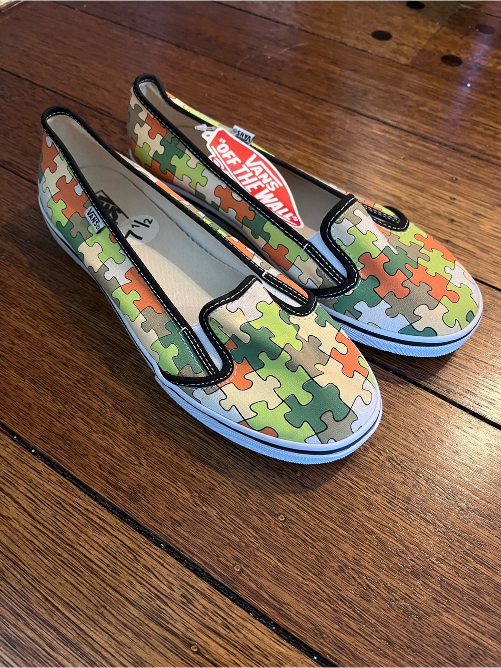 Vans Slip-On Puzzle Print Sneakers in Green, Orange & Tan